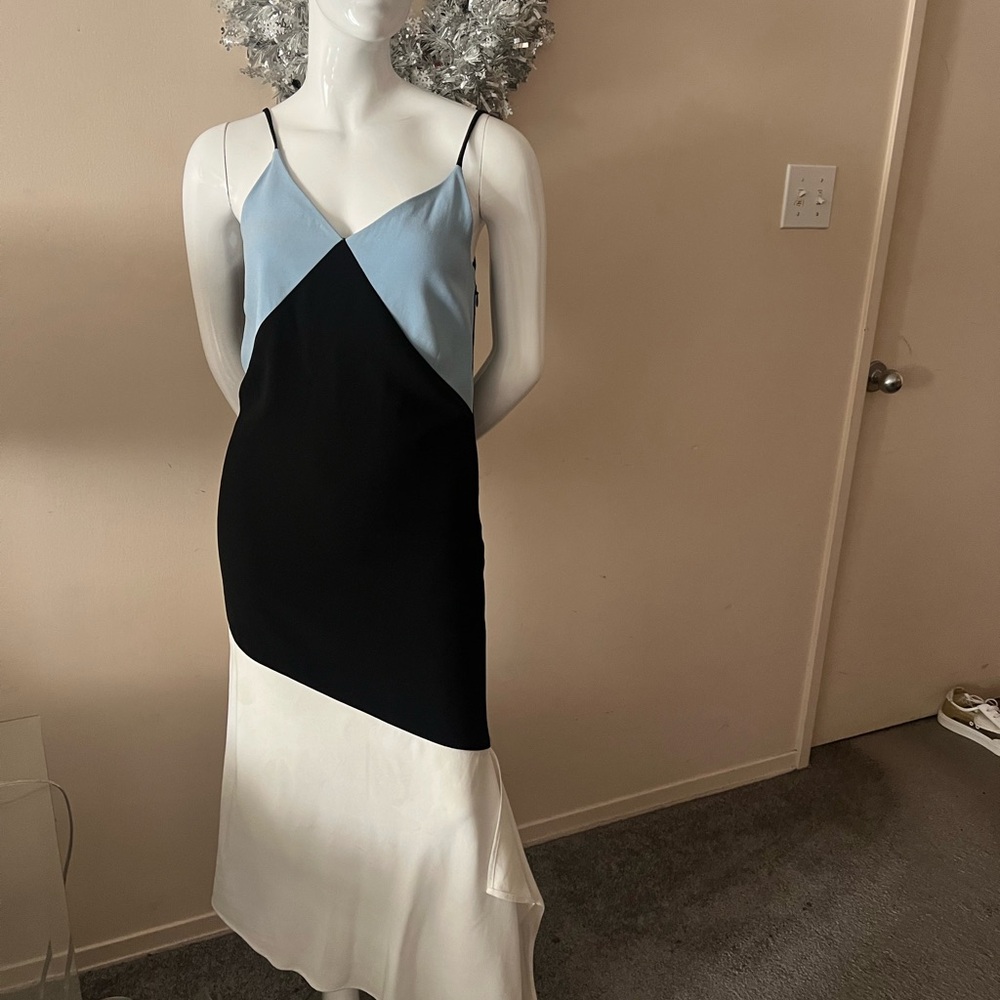 Chic Asymmetrical Slip Dress in Black, Blue, and White